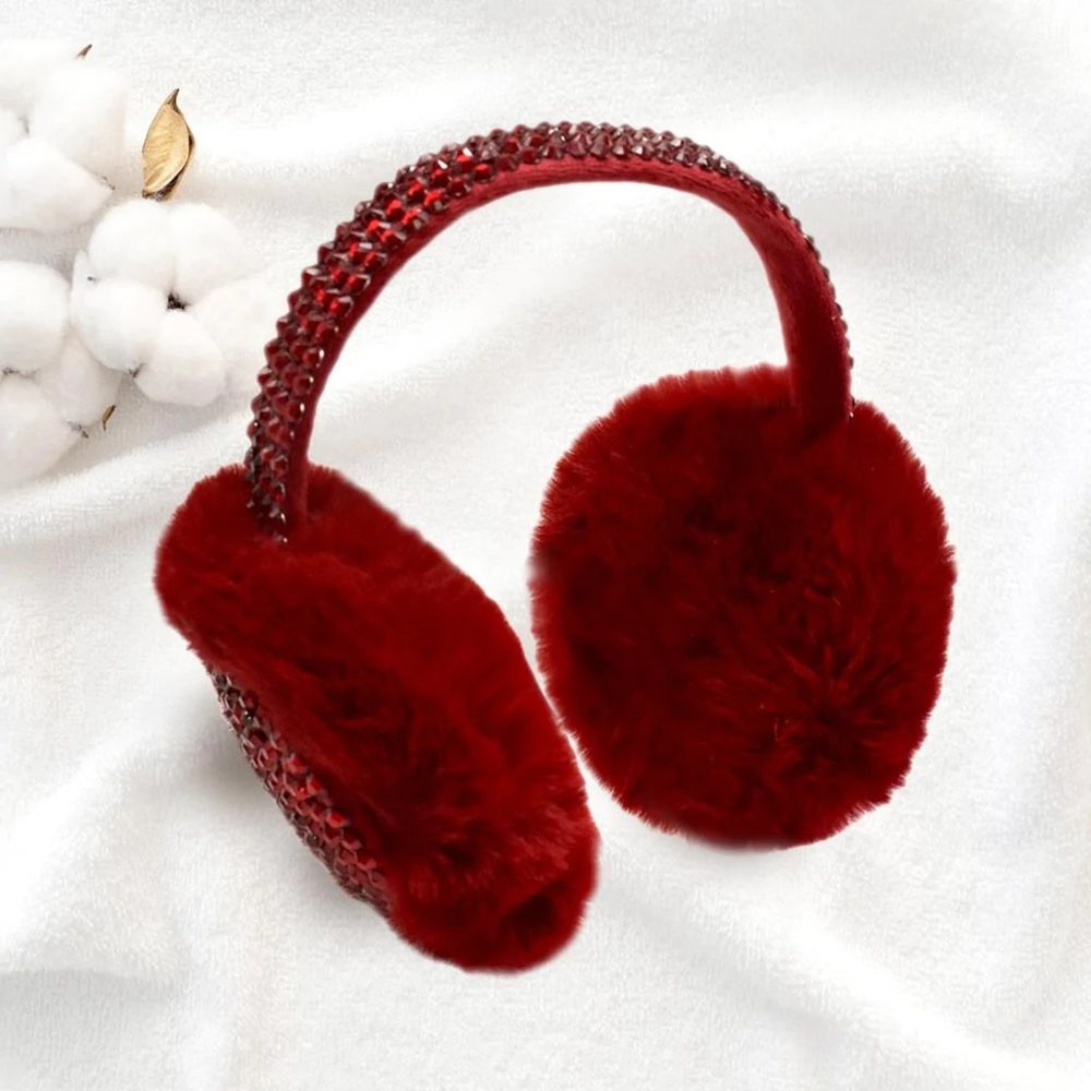 STUDDED FLUFFY PLUSH FAUX FUR FOLDABLE EARMUFFS, COZY EAR WARMER - Picture 5 of 7